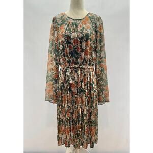 Indie & Co Oaklee Midi Dress Womens XL Green Floral Pleated‎ Semi-Sheer LS Fall